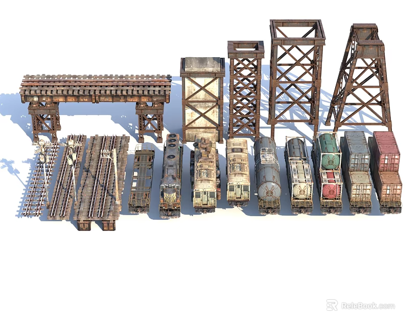 Industrial Equipment Featuring Railway Tracks Train Carriages And Steel Support Structures 3d model 