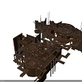 Intricate Metallic Architectural Model Featuring Circular Square Components And Multiple Pillars