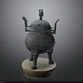 Ancient Bronze Sculpture Carving With Intricate Engravings Lid Handles And Three Legs Base