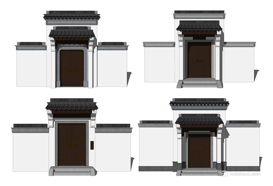 Ancient Architecture Gateway Design With Traditional Tiled Roof Wooden Door And White Walls 3d model 