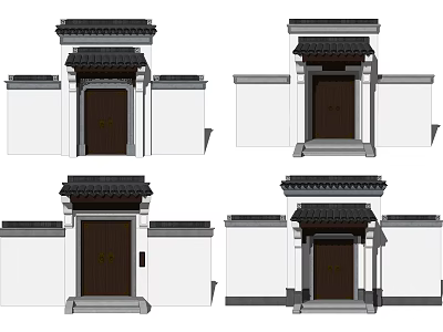 Ancient Architecture Gateway Design With Traditional Tiled Roof Wooden Door And White Walls 3d model
