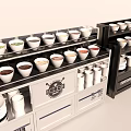 Light And Dark Display Cabinets With Bowls Cups Plates And Container Label