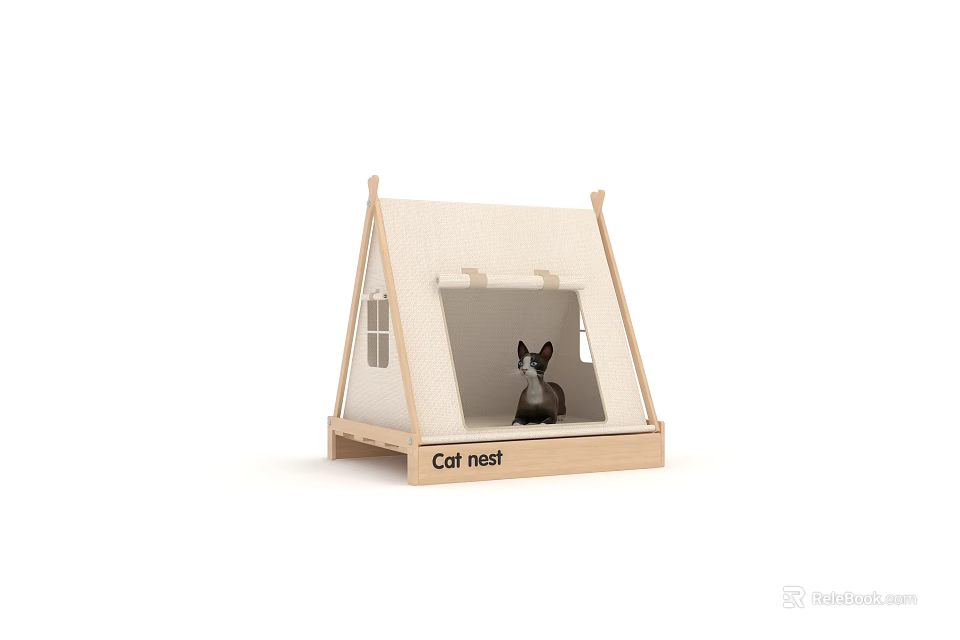 Cozy Tent Shaped Wooden Frame Canvas Cat Nest Pet Furniture for Indoor Cats 3d model 