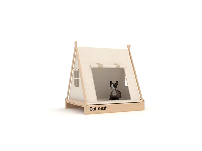 Cozy Tent Shaped Wooden Frame Canvas Cat Nest Pet Furniture for Indoor Cats 3d model