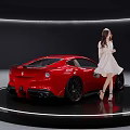 Elegant Red Sports Car On Circular Display Platform With Woman In White Dress