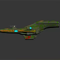 Futuristic Green And Orange Cosmic Spaceship With Blue Lights And Wing Structure