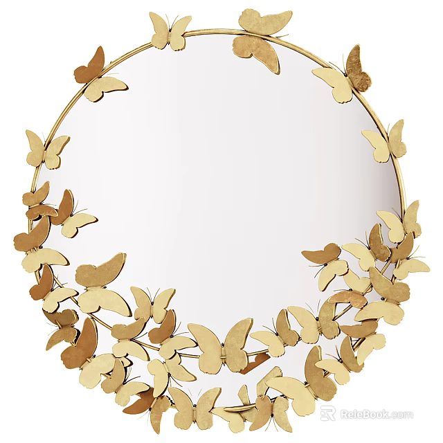 Round Mirror With Surrounding Golden Butterfly Decorations And Elegant Design 3d model 