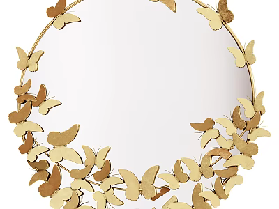 Round Mirror With Surrounding Golden Butterfly Decorations And Elegant Design 3d model