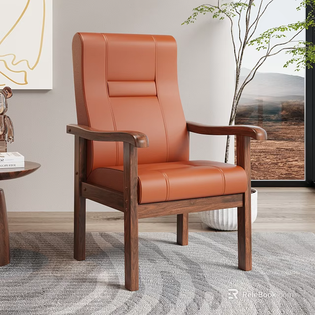 Brown Leather Upholstered Accent Chair with Wooden Frame in Cozy Living Room Area 3d model 