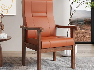 Brown Leather Upholstered Accent Chair with Wooden Frame in Cozy Living Room Area 3d model