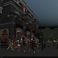 Historic Commercial Street With Traditional Architecture Red Flags Horse Drawn Carriage And Pedestrians