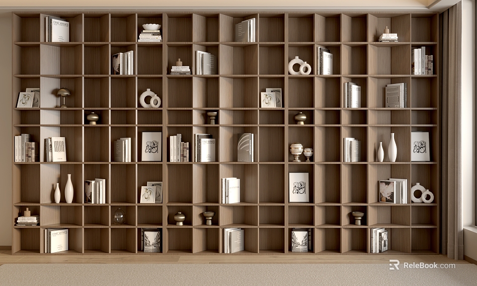 Wooden Bookcase With Open Grid Shelves Holding Books Decorative Items And Photo Frames 3d model 