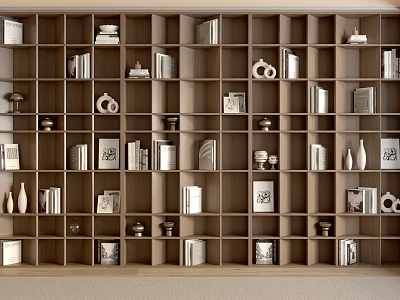Wooden Bookcase With Open Grid Shelves Holding Books Decorative Items And Photo Frames 3d model