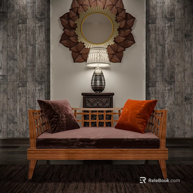 Wooden Frame Single Sofa With Deep Purple And Orange Cushions Against Gray Wood Grain Wall 3d model 