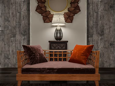 Wooden Frame Single Sofa With Deep Purple And Orange Cushions Against Gray Wood Grain Wall 3d model