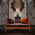 Wooden Frame Single Sofa With Deep Purple And Orange Cushions Against Gray Wood Grain Wall