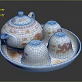 White Ceramic Tea Set With Teapot Cups And Tray Orange Fish Pattern 3d model