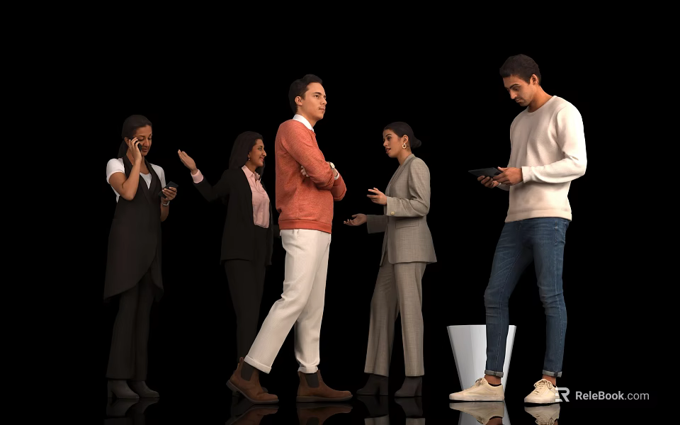 Group of People Wearing Various Outfits Talking Using Smartphones and Interacting Against Black Background 3d model 
