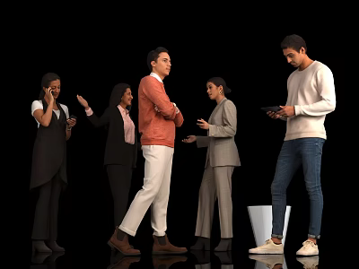 Group of People Wearing Various Outfits Talking Using Smartphones and Interacting Against Black Background 3d model