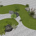 Garden Landscape With Green Grassy Mounds Stones And Small Plants On Gravel