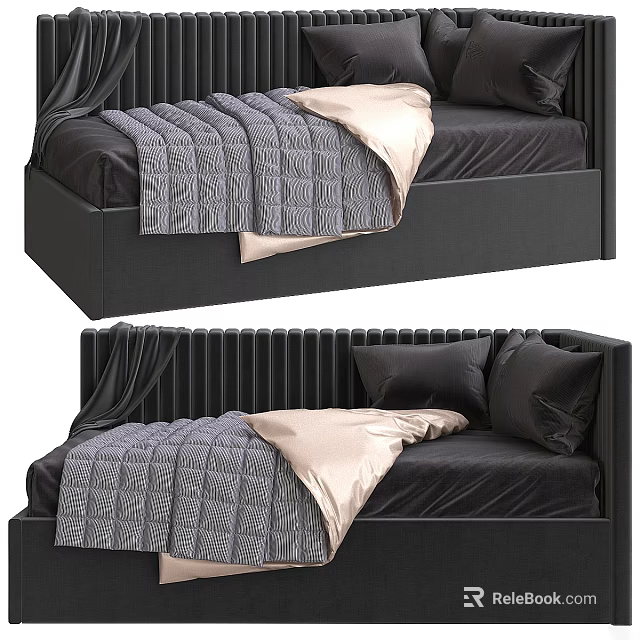 Modern Black Ribbed Bed With Gray Quilt Beige Throw And Black Pillows 3d model 