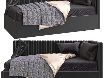 Modern Black Ribbed Bed With Gray Quilt Beige Throw And Black Pillows 3d model