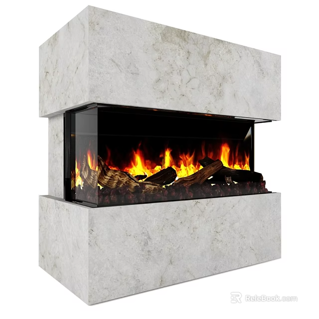 Elegant Modern Stone Fireplace With Glass Front And Burning Wood Flames 3d model 