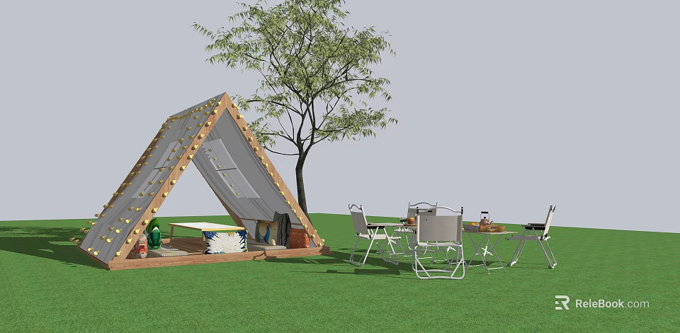 Outdoor Camping Triangular Canvas Tent With Green Grass Tree And Foldable Chairs Table 3d model