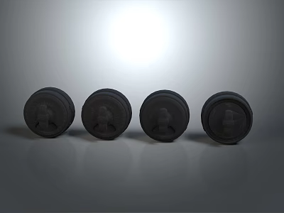 Four Black Round Baked Food Items Arranged On Gray Background With Soft Lighting 3d model