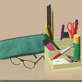 Pens And Pencils In Desk Organizer With Green Floral Pencil Case Scissors And Ruler