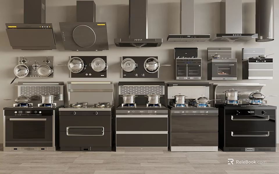 Different Styles of Modern Kitchen Appliances Including Range Hoods Ovens and Stoves 3d model 