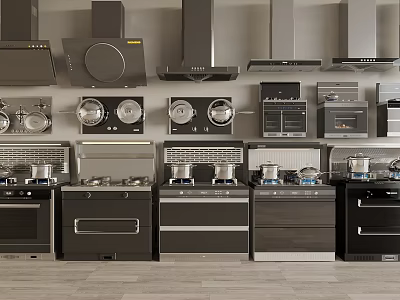 Different Styles of Modern Kitchen Appliances Including Range Hoods Ovens and Stoves 3d model