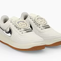 White Nike Sneakers Featuring Silver Swoosh Logo Tongue Circular Badge And Brown Rubber Sole