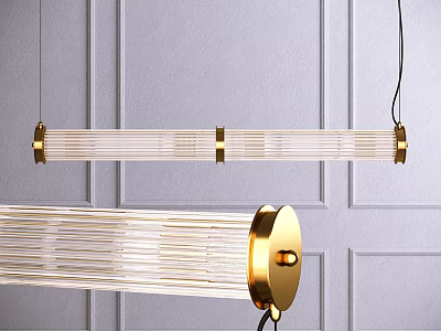 Pair of Modern Chandeliers With Golden Metal Frame Transparent Glass Tubes And Gray Wall 3d model