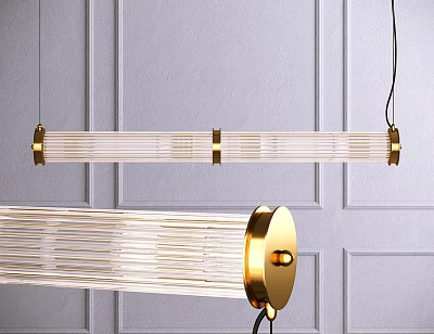 Pair of Modern Chandeliers With Golden Metal Frame Transparent Glass Tubes And Gray Wall 3d model