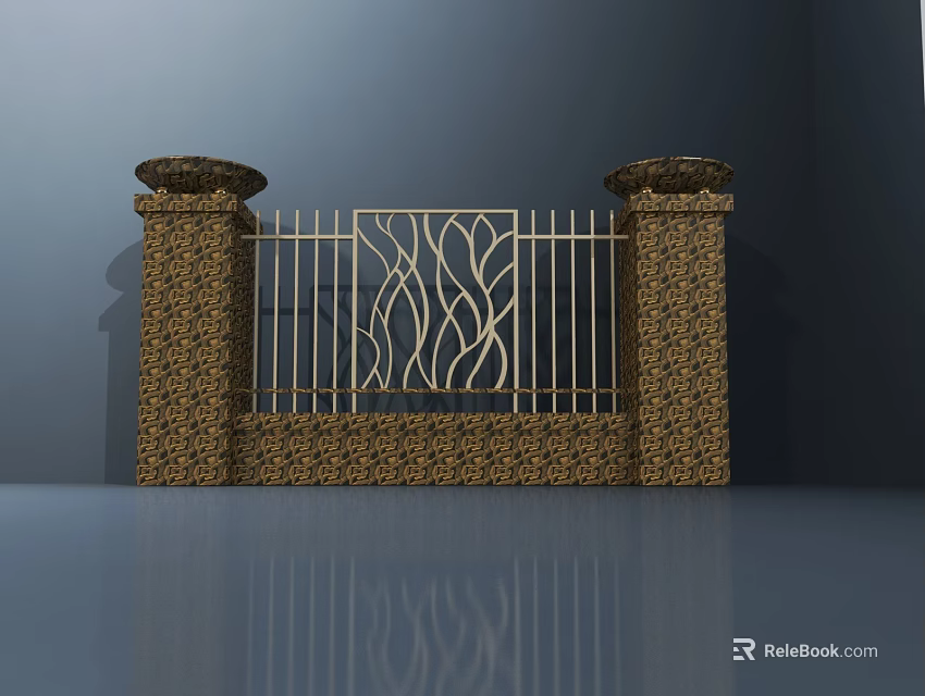 Elegant Entrance Gate With Leopard Print Columns And Gold Decorative Railings Featuring Flame Shaped Design 3d model 
