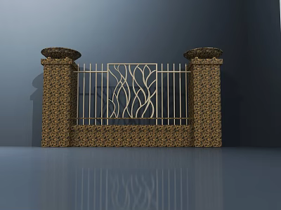 Elegant Entrance Gate With Leopard Print Columns And Gold Decorative Railings Featuring Flame Shaped Design 3d model