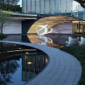 Modern Garden Landscape with Glass Curtain Wall Curved Wooden Structure White Sculpture Trees Lounge Chairs