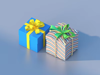 Two Decorative Gift Boxes One Blue With Yellow Bow And One Striped With Green Ribbon 3d model