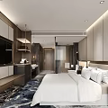 Modern Hotel Guest Room With Large Bed Flat Screen TV And Patterned Carpet