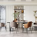 Modern Restaurant Interior With Dining Table Brown Gray Chairs Potted Plants And Decorative Shelves