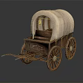 Vintage Wooden Covered Wagon With White Canvas Top And Metal Rim Wheels