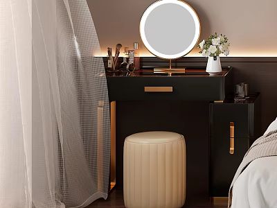 Modern Dressing Table with Round Mirror Gold Accents Cosmetics and Beige Stool 3d model