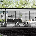 Modern Pergola Outdoor Living Space With Seating Greenery Bar Counter And Black Tiled Floor