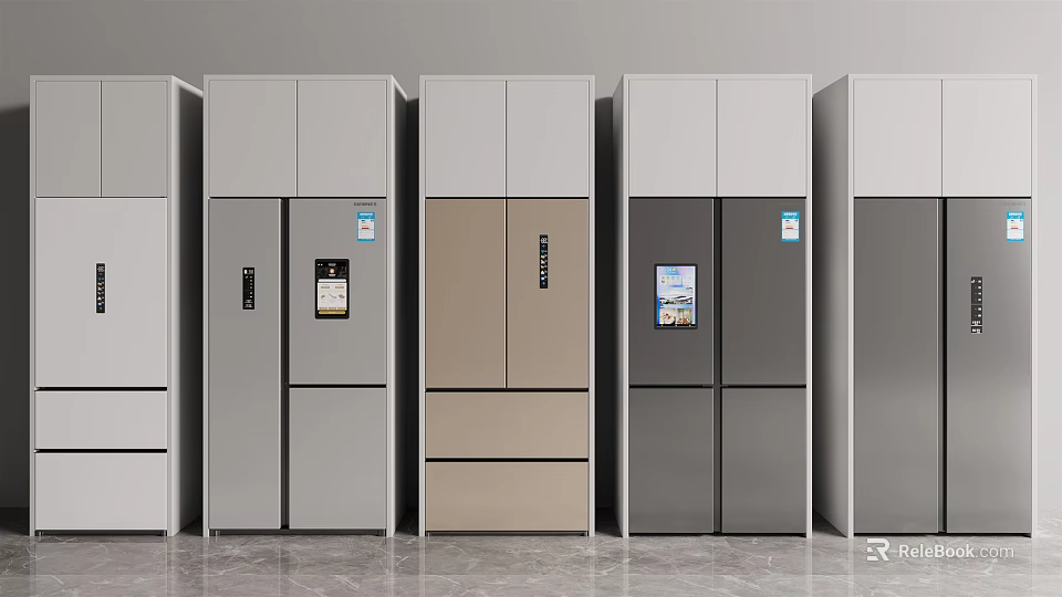 Modern Style Refrigerators and Freezers with Various Colors and Sleek Designs in a Row 3d model 