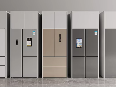Modern Style Refrigerators and Freezers with Various Colors and Sleek Designs in a Row 3d model