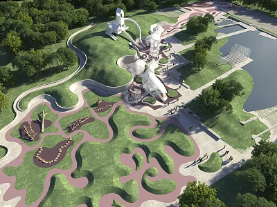 Scenic Park Landscape With Green Lawns Winding Pathways Water Features And Artistic Sculptures 3d model