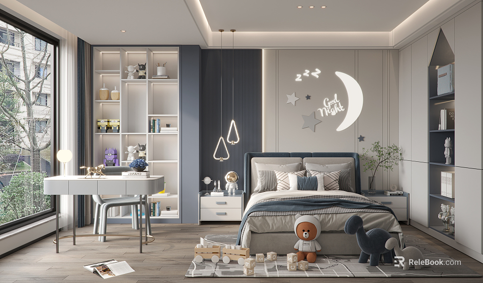 Cozy Kids Bedroom Interior With Moon Star Decor Bookshelf And Stuffed Toys 3d model 