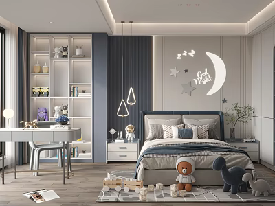 Cozy Kids Bedroom Interior With Moon Star Decor Bookshelf And Stuffed Toys 3d model
