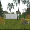 Beautiful Garden Landscape With Green Lawn Colorful Shrubs Palm Trees And Stone Wall